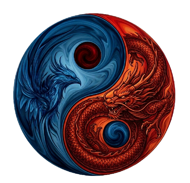 Red and blue yin-yang symbol representing the balance between attack and defense